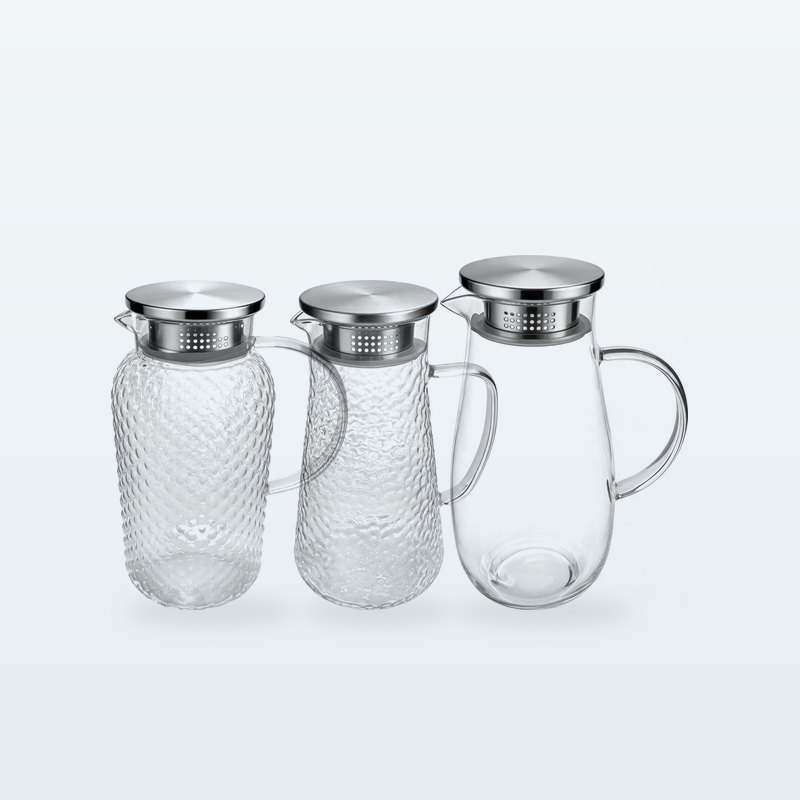 Jarras de vidrio de 2 litros con tapa de acero inoxidable: labrada de puntos, martillada y lisa